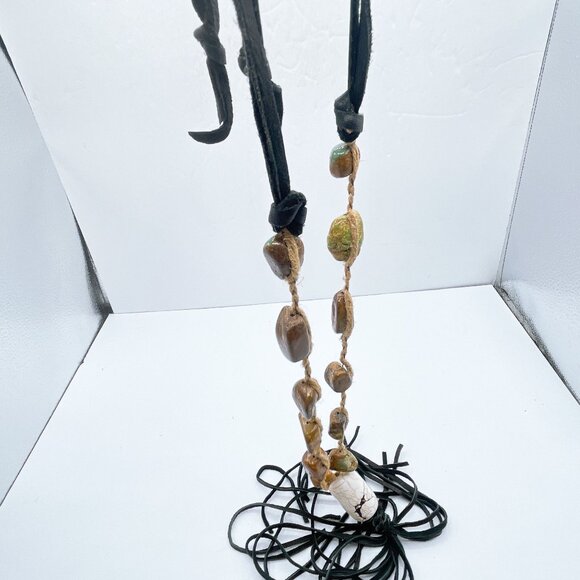 White Pendant Stone Beaded Macrame Necklace With Black Leather Tassel & Adjustab - Picture 7 of 8